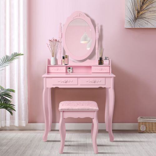 Tavolino cosmetico per trucco make-up rosa con specchio sgabello e 4 cassetti - Afbeelding 1 van 6