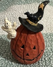 Vintage Halloween Pumpkin Jack O Lantern With Witch Hat And A Ghost Friend