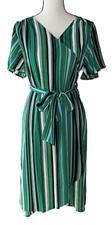Halogen Size Petite XS Green Striped Short Sleeve Midi Wrap Dress