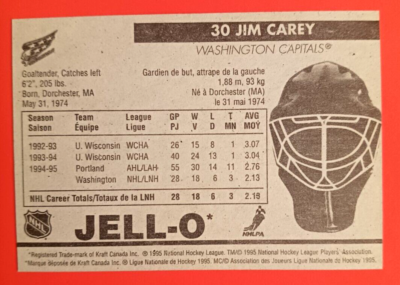 1995-96 KRAFT JELL-O JIM CAREY NHL HOCKEY CARD #30 CAPITALS GOALIE