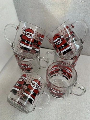 Vintage Luminarc Set Of 6 Santa Christmas Mugs Clear Glass Santa Cups Holiday