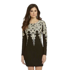 Gianni Bini Sz XS Little Black Dress Gold Embroidered Long Sleeve Stretch Sheath