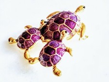 ENAMELED TURTLE BROOCH Figural Pin.3 Wonderful Purple Turtles Mom  Two Babies 