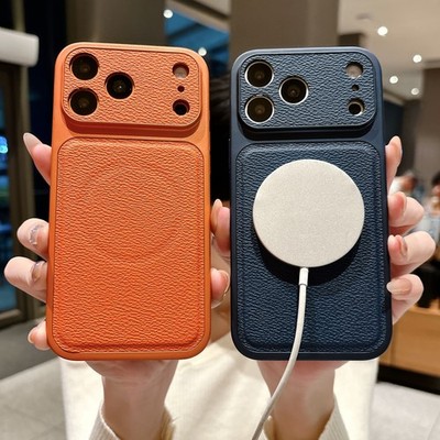 For iPhone 13 14 15 16 17 Pro Max Magnetic PU Leather Texture Shockproof Case
