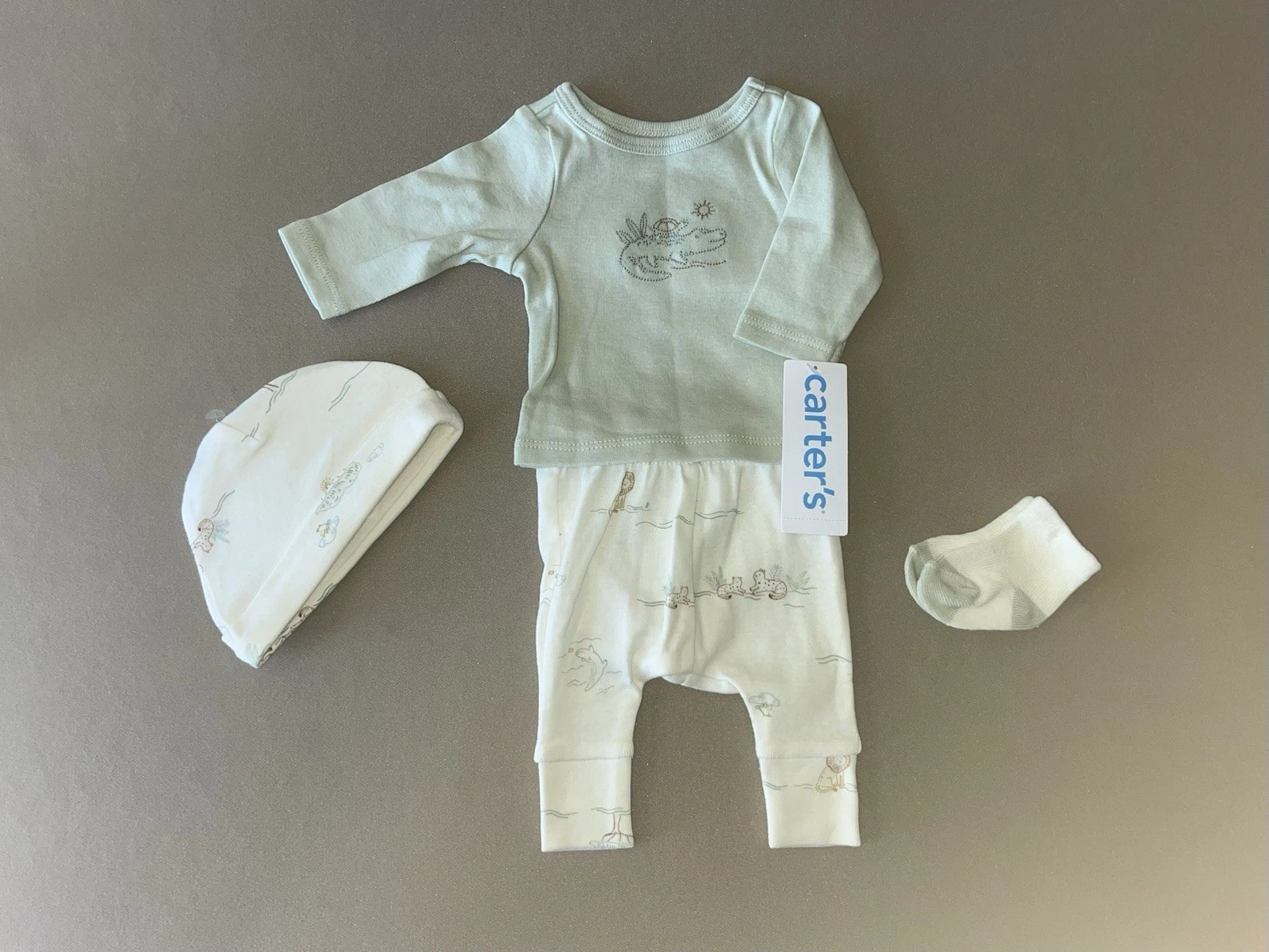 Carter’s Baby Boys Preemie “Animals” Top, Pants, Cap & Socks Set, New With Tags