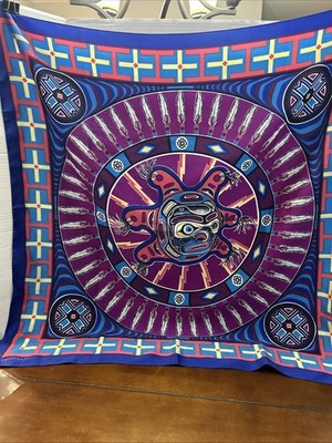 Eleanor Paine SKEMO 30'' x 30'' scarf Eskimo Native American Feathers Totem  Face