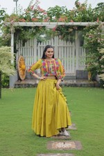 Bollywood Style Roman Top With Mustard Yellow Lehenga For Women And Girls Wear