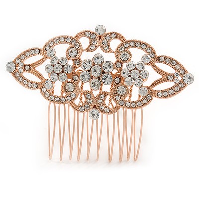 Bridal/ Wedding/ Prom/ Party Rose Gold Tone Clear Austrian Crystal Floral Side