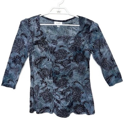 Vtg Women's Floral Velvet Burnout Gray Rouch Blouse Whimsigoth Fairy Grunge Sz S