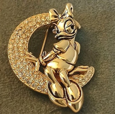 Vintage Disney Napier Rhinestone Moon & Daisy Duck Brooch Pin 1.75''x2'' Gold Tone