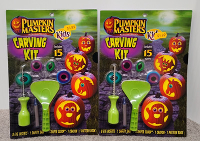 2 Pumpkin Masters Kids Carving Kit 15 Piece 8 Eye Inserts Patterns Saw Scraper.