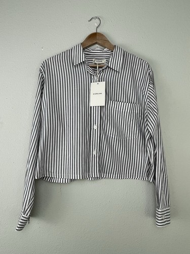 Neu mit Etikett Everlane The Way - kurzes Hemd aus seidiger Baumwolle mit Knopfleiste grau gestreift Größe M - Bild 2 von 9