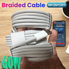 60W Fast Charging USB C to USB C Cable Braided Cord 10Ft For iPhone 15 16 17 Lot