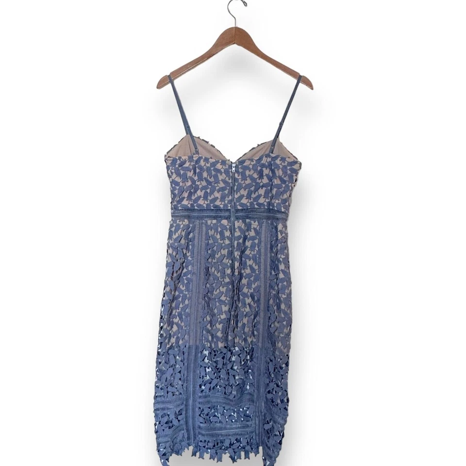 Vestido midi de encaje a ganchillo BLOOMINGDALE'S funda cuello corazón coqueta azul Foto 4 de 4