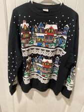 Vintage Christmas On Main Street Sweatshirt Adult XL Black Snowy Village Ugly