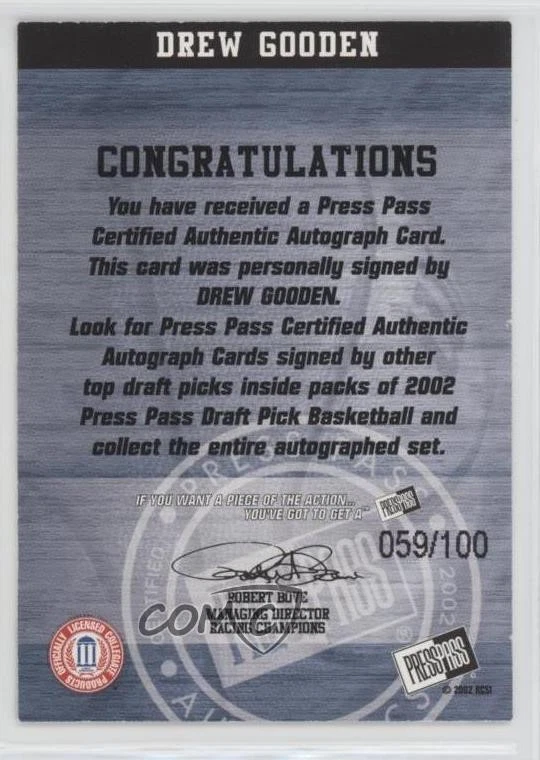 Press Pass 2002 automático plateado/100 Drew Gooden novato automático radiocontrol Foto 2 de 2