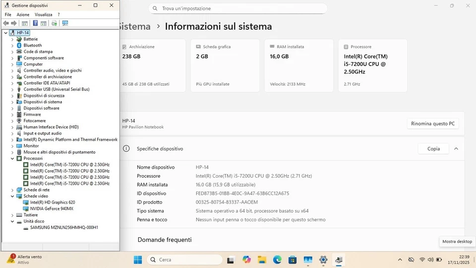 Notebook HP Pavilion 14-al101nl Windows 11 Core i5-7200 RAM 16GB DDR4 SSD 256GB - Immagine 3 di 4