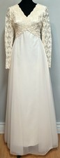 Vintage 1970s Empire Waist Lace Chiffon Ivory Wedding Dress Size Small