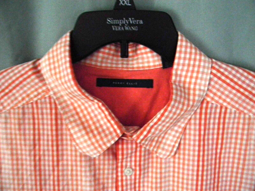 Perry Ellis Men's 2XL Shirt Collar Button Up Short Sleeve Peach/White Checked - Picture 2 of 4