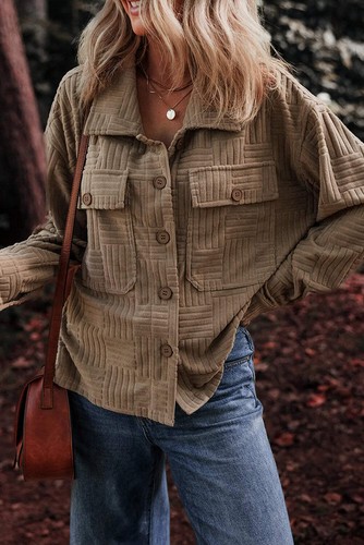 Textured Pocketed Collared Neck Long Sleeve Shacket - Picture 4 of 7