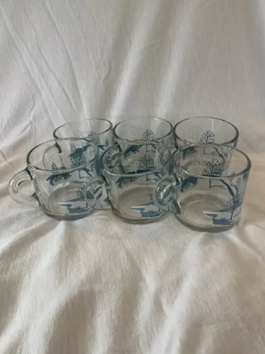 Vintage Anchor Hocking Cups Set Of Six Winter Scene Stackable