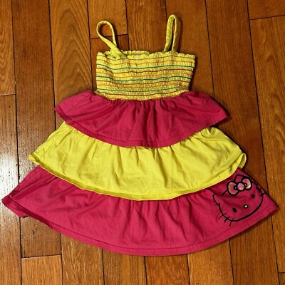 Hello Kitty 3T Girls Ruffle Yellow Pink Summer Spaghetti Strap Dress GUC 