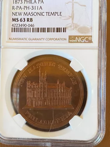 1873 RULAU  PHILA PA   R-PA-PH-311A    NEW MASONIC TEMPLE     NGC MS63RB