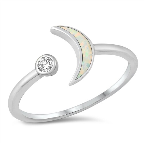 Sterling Silver 925 Crescent Moon Ring with White Lab Opal Size 8