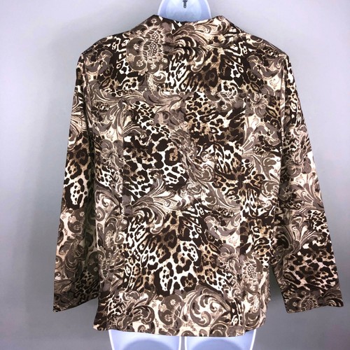 Chicos Womens Jacket sz 2 sz L Brown Animal Print Button Up Notch Collar - Picture 2 of 9