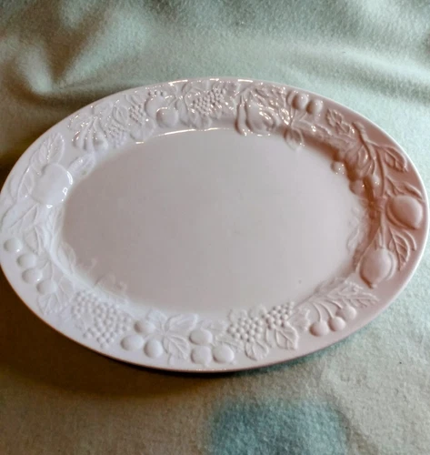 Vintage Gibson Embossed Flourish Fruit Design Off White Platter - 13.5" - FLAW