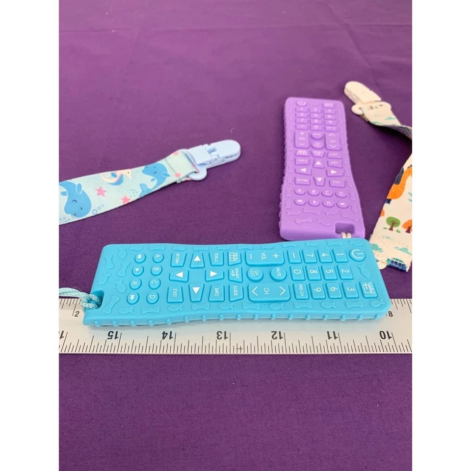 Fateort Silicone Baby Teething Remotes with Tether Clips Dinosaur Whale Blue Pur - Image 2 of 3