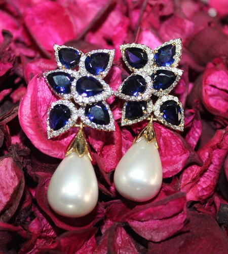 2.74ct Natural Round Diamond 14K Yellow Gold Pearl Blue Sapphire Earrings - Picture 9 of 12