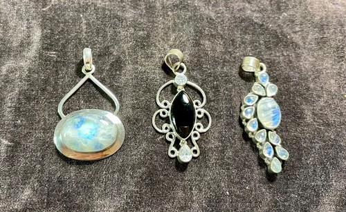 3 Sterling Silver Pendants 2 Moonstone 1 Black Onyx cubic zirconia 925 Jewelry