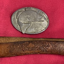 VINTAGE LARGE MOUTH BASS FISHING BELT BUCKLE With Leather Belt