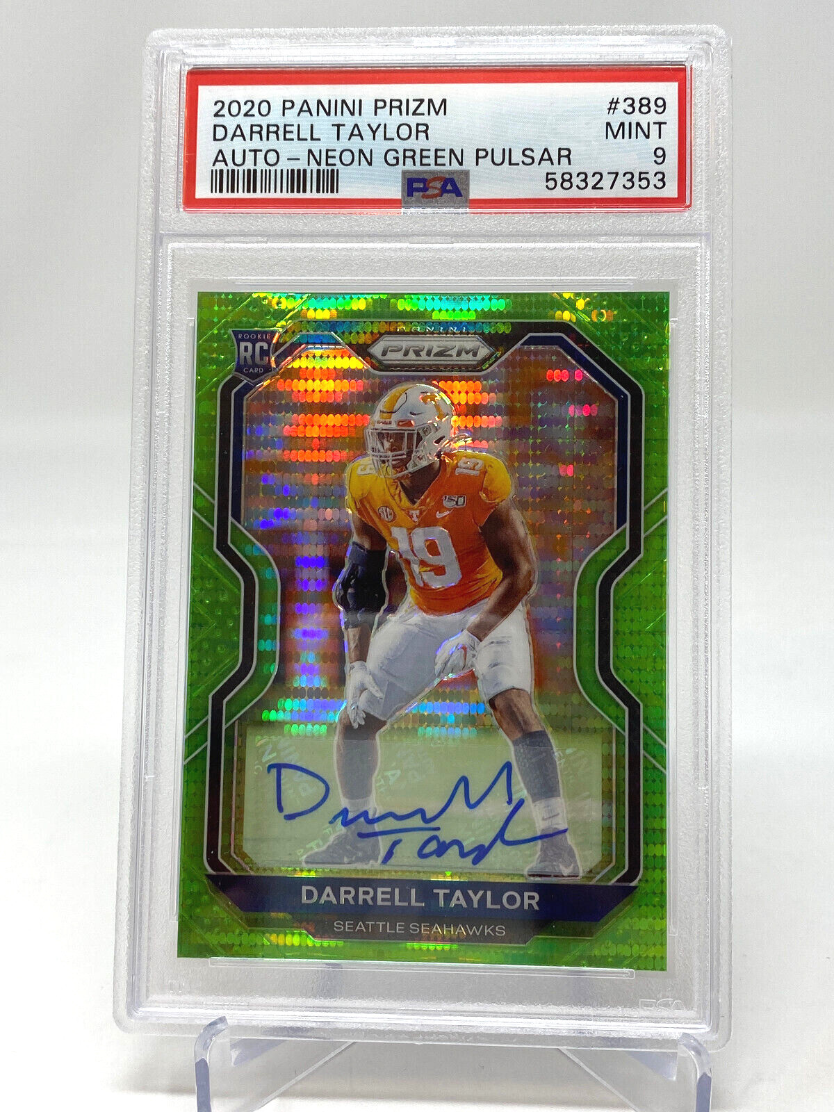 2020 Panini Prizm #389 Darrell Taylor Auto Neon Green Pulsar PSA 9 Rookie Card view 9