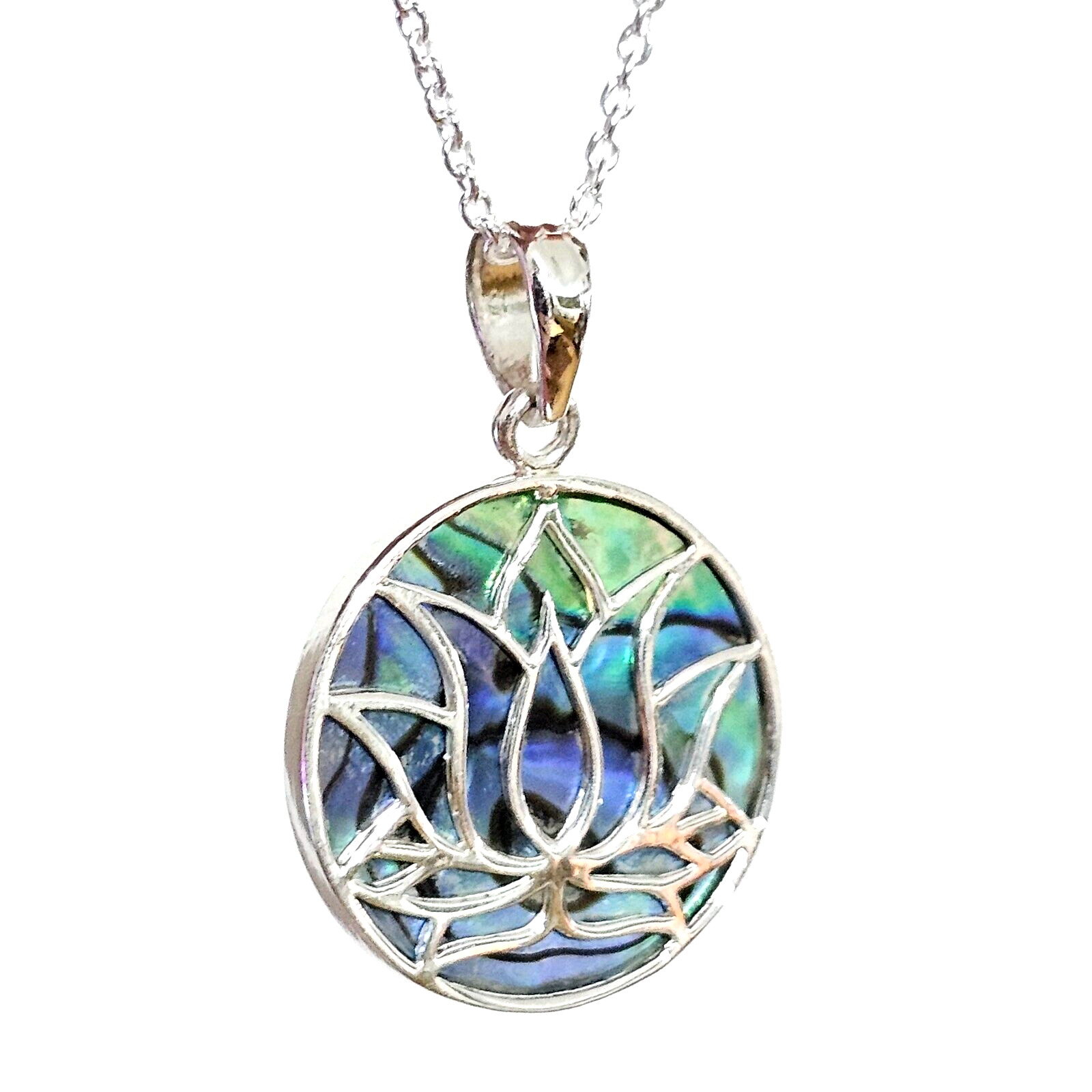 Lotus Flower Pendant Abalone Paua Shell 925 Sterling Silver 18" Necklace & Boxed
