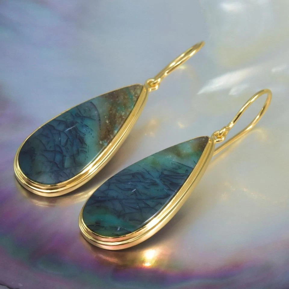 Pendientes Oro 18K Vermeil Plata de Ley Petrificada Fósil Madera Cabujón 6.31 g Foto 2 de 4