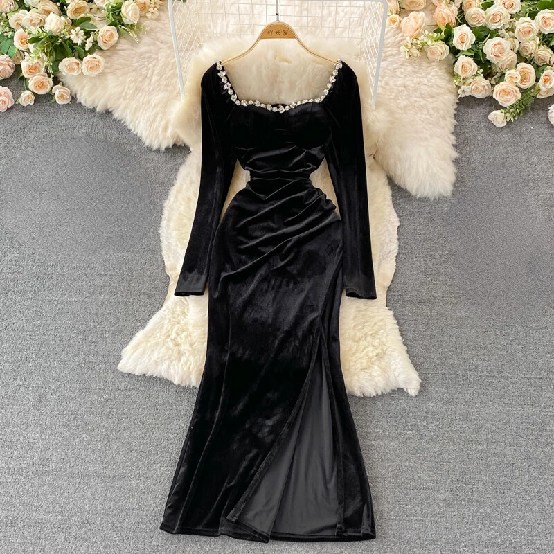 Black Velvet Evening Dress Long Sleeved Crystal Square Collar Floor Length Formal  Dress French Elegant Women Maxi Gown Vestido - AliExpress