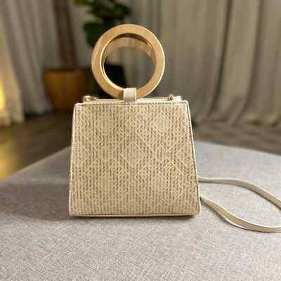 NWT LIKE DREAMS Women Straw Woven Vegan Leather Satchel Bag Wooden Top Handle