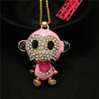 Fashion Women Lovely Pink Enamel Love Monkey Crystal Pendant Chain Necklace Gift