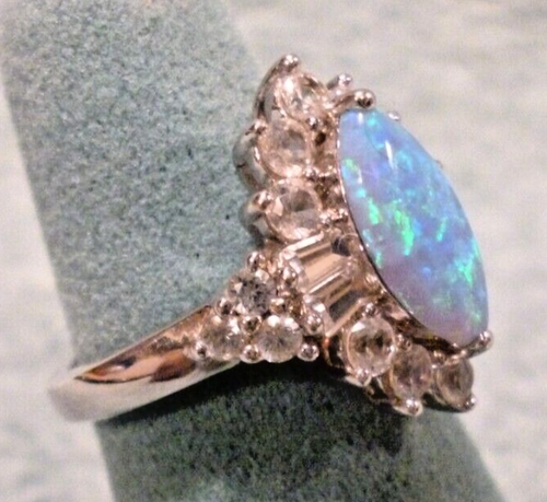 .925 Sterling Silver Marquise Fire Opal White Sapphire Cocktail Ring size 5 1/4 - Picture 6 of 22
