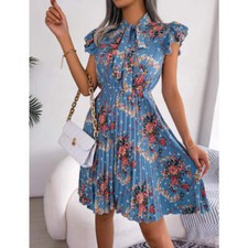 Pleated Floral Printed Tie Neck Knee Length Dress