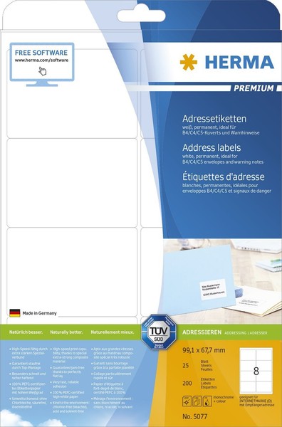 Herma 5077 5077 Adressetiketten Premium A4, Weiß 99,1X67,7 Mm Papier Matt 200 St-image
