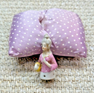 Antique Bisque Half Doll Pincushion Gray Hair, Petite with Vintage Satin ''Skirt''