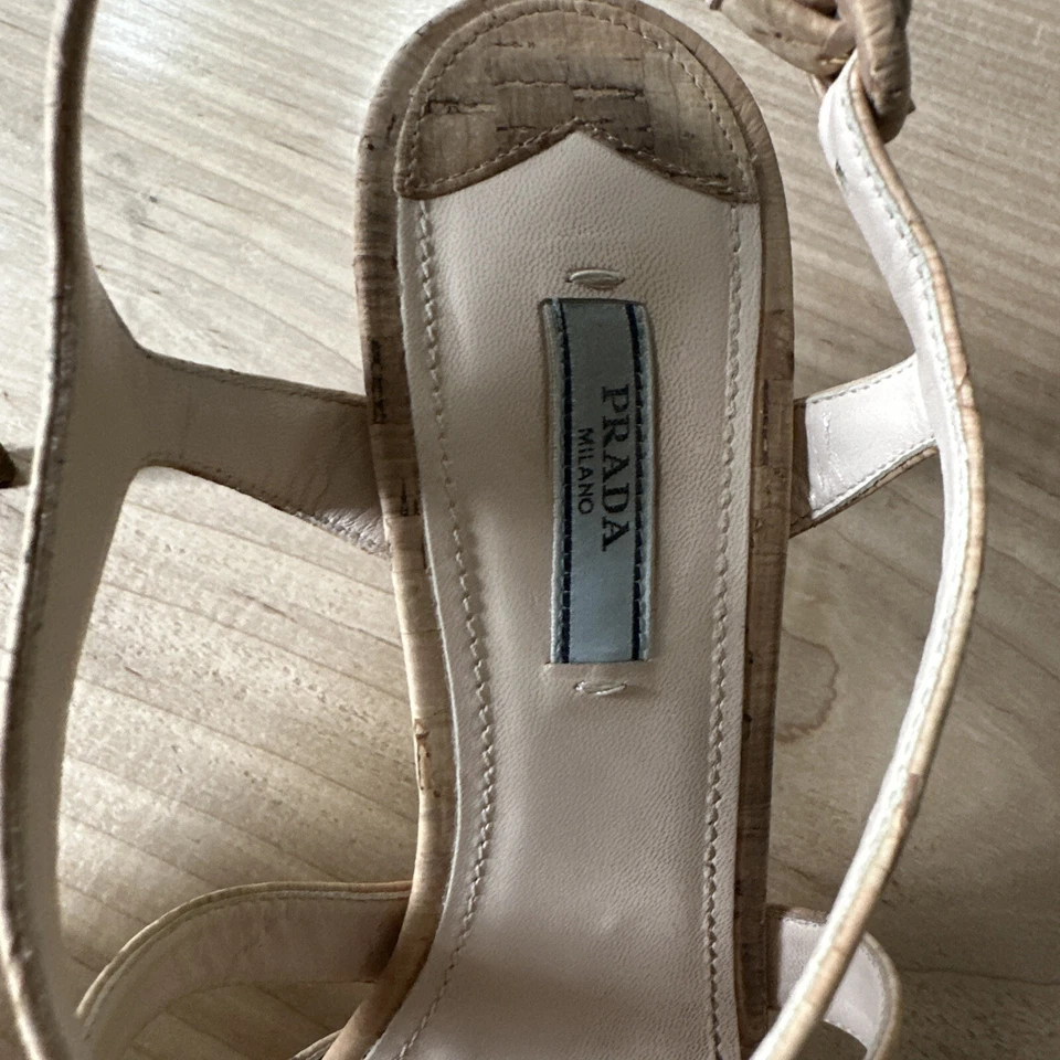 Zapatos PRADA beige 40.5 9.5 punta abierta tiras corcho natural - Estampado Slingback Foto 4 de 4