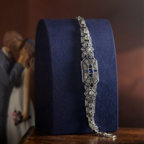 Brazalete de boda vintage azul rectangular Art Deco plata antigua QD32