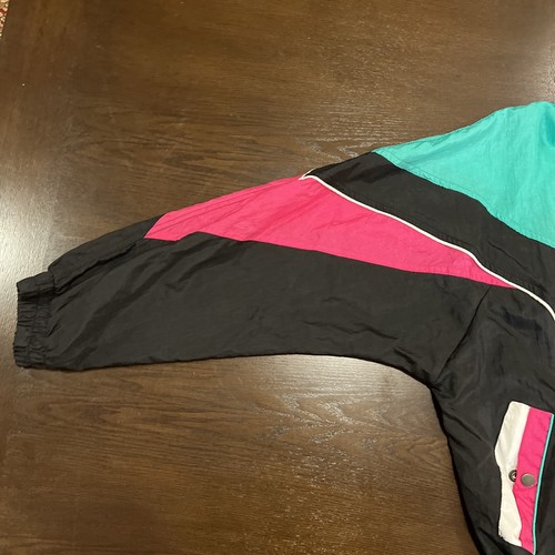 Vintage 80s Windbreaker Jacket Womens Sz L Full Zip Active Code Black Teal Pink - Picture 3 of 8