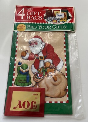 Santa Claus Merry Christmas Gift Bags VTG snowman wrapping paper Label Name Tag