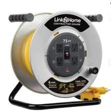 Link2Home 75 ft. 12/3 Extension Cord Storage Reel 4 Outlets Circuit Breaker New