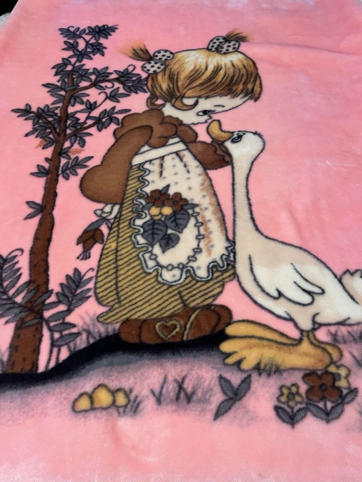 VTG Korean Mink Blanket Precious Moments Girl Duck Goose Pink  45x54